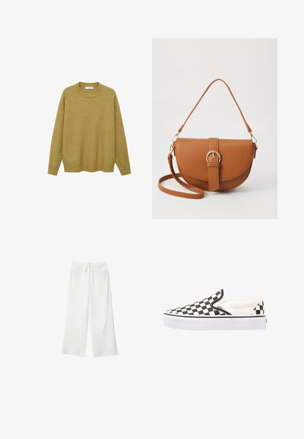 Maglione giallo senape, realizzato in tessuto morbido. Presenta un colletto rotondo a costine e maniche lunghe con vestibilità regolare e orlo dritto.; Pantaloni bianchi a gamba larga realizzati in tessuto morbido, con vita regolabile e due tasche frontali. Texture liscia e senza motivi visibili.; Scarpe Vans slip-on a scacchi bianchi e neri con tomaia in canvas, suola in gomma e colletto imbottito. Punta piatta e rotonda con dettagli bianchi sulla suola.; Borsa a tracolla in pelle marrone con forma curvata, hardware dorato e un dettaglio con fibbia. Presenta una tracolla rimovibile.