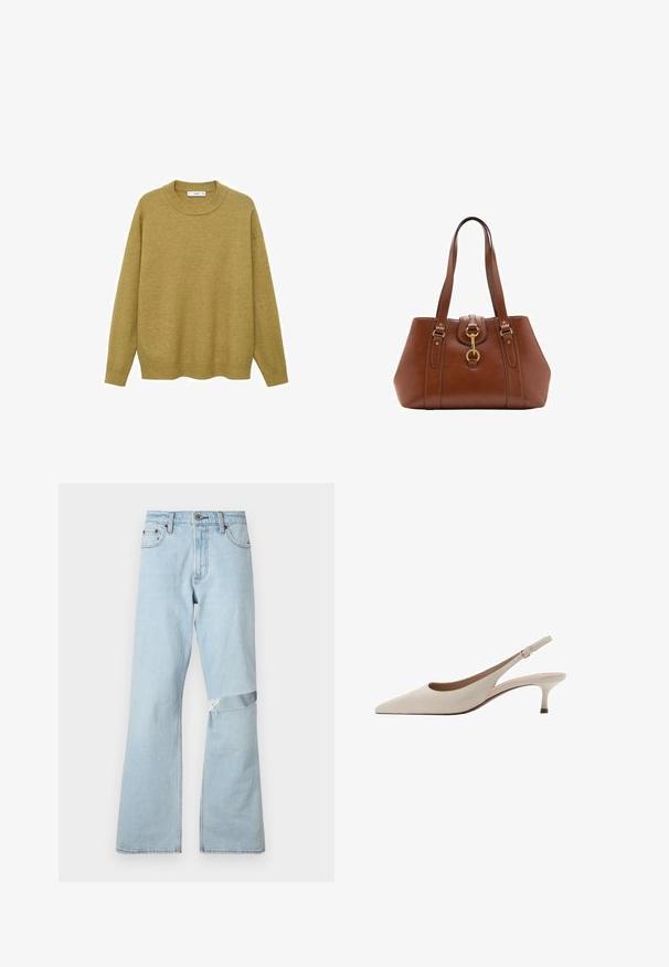 Sweater in mustard yellow, made of soft fabric. Features a ribbed round neckline and long sleeves with a regular fit and a straight hem.; Light blue denim jeans with a flared design, featuring a distressed patch on the knee and standard front pockets.; Beige slingback heels with a pointed toe and a low, flared heel. Made from smooth leather with a minimalistic design and adjustable strap.; Brown leather handbag with dual straps, a rounded shape, gold hardware, and a central buckle detail. Smooth texture with stitched accents.
