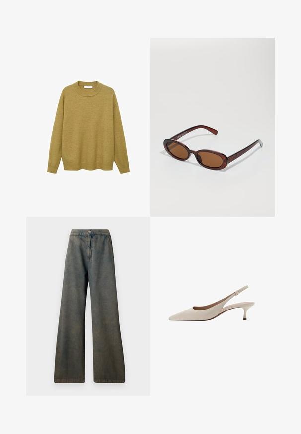 Pulover de culoare galben muștar, realizat dintr-un material moale. Are un guler rotund cu ace și mâneci lungi, cu o croială normală și un tiv drept.; Pantaloni evazați din denim, cu o culoare albastru-gri decolorată, închidere cu nasture și cusături drepte. Material texturat cu un luciu delicat.; Tocuri bej cu toc înclinare, cu vârf ascuțit și un toc jos, evazat. Fabricate din piele netedă, cu un design minimalist și curea ajustabilă.; Ochelari de soare rotunzi, cu nuanțe de brown și cu un cadru lucios de burgund. Brațe subțiri cu detalii subtile de branding. Design cu lentile plate.; Geantă de mână din piele maro, cu curele duble, formă rotundă, accesorii din aur și un detaliu central cu cataramă. Textură netedă cu accente cusute.