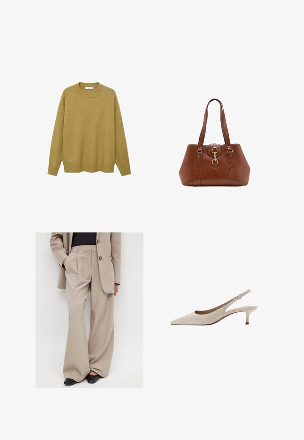 Trui in mosterdgeel, gemaakt van zachte stof. Voorzien van een geribbelde ronde halslijn en lange mouwen met een reguliere pasvorm en een rechte zoom.; NA-KD MIT MITTLERER TAILLE - Broek - sand; Beige slingback hakken met een puntige neus en een lage, uitlopende hak. Gemaakt van glad leer met een minimalistisch ontwerp en een verstelbare band.; Bruine leren handtas met dubbele banden, een afgeronde vorm, gouden hardware en een centrale sluiting. Gladde textuur met gestikte accenten.