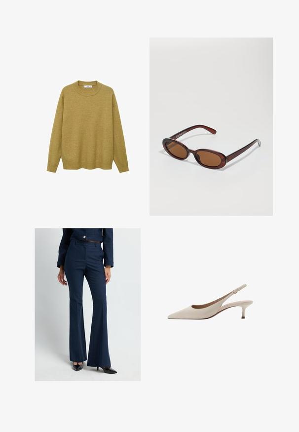 Svetr v hořčicové žluté barvě, vyrobený z měkkého materiálu. Má ribbovaný kulatý výstřih a dlouhé rukávy s běžným střihem a rovním lemem.; Námořnické modré rozšířené kalhoty vyrobené z texturované tkaniny, s přiléhavým pasem a předním pukem, doplněné černými lodičkami se špičatou špičkou.; Béžové lodičky na podpatku s špičatou špičkou a nízkým rozšířeným podpatkem. Vyrobené z hladké kůže s minimalistickým designem a nastavitelným páskem.; Kulaté sluneční brýle hnědé barvy s lesklým burgundským rámem. Úzké nožičky s jemným logem. Rovné čočky.