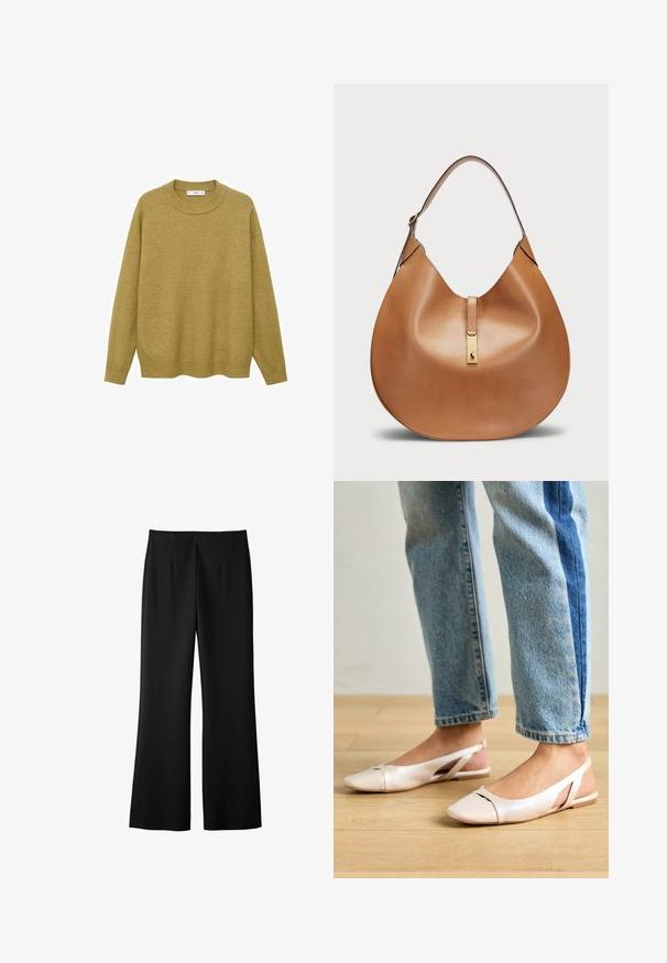 Trui in mosterdgeel, gemaakt van zachte stof. Voorzien van een geribbelde ronde halslijn en lange mouwen met een reguliere pasvorm en een rechte zoom.; Zwarte wijde broek gemaakt van een gladde stof, met een strak ontwerp, voorplooien en een verzorgde afwerking zonder zichtbare hardware.; Zachtroze slingback ballerina's met een spitse neus, gemaakt van een glad leerachtig materiaal. Bevat uitsnijdingen aan de zijkanten en heeft een platte hak.; Tan leren handtas met een gebogen vorm en een brede schouderband. Heeft een gouden metalen accent in het midden en een gladde textuur.