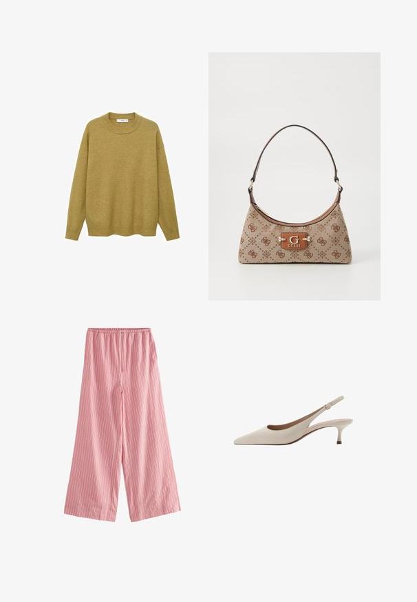 Pullover in Senfgelb, aus weichem Material gefertigt. Verfügt über einen gerippten Rundhalsausschnitt und lange Ärmel mit regulärer Passform und geradem Saum.; Next TEXTURED STRIPE WIDE LEG - Stoffhose - pink; Beige Slingback-Absatzschuhe mit spitzer Zehenform und niedrigem, ausgestellten Absatz. Hergestellt aus glattem Leder mit einem minimalistischen Design und verstellbarem Riemen.; Beige Stofftasche mit braunen gemusterten Akzenten. Sie hat eine geschwungene Form, einen einzelnen Tragegurt und ein Logo-Schild an der Vorderseite mit silberner Hardware.