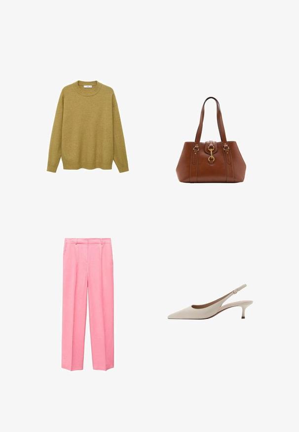 Pulover v gorčično rumeni barvi, izdelan iz mehkega blaga. Ima rebrast okrogel izrez in dolge rokave s standardnim krojem ter ravnim robom.; Roza hlače s ravnim krojem, narejene iz lahkega materiala. Imajo raven sprednji del s plitvimi gubami, zankami za pas in stranskimi žepi.; Bež sandale s peto, ki se zavezuje za peto, z izostrenim nosom in nizko, razširjeno peto. Narejene iz gladke usnje z minimalisticnim dizajnom in prilagodljivo zanko.; Rjava usnjena torba z dvema ročajema, okroglo obliko, zlatim okovjem in osrednjim detajlom z zaponko. Gladka tekstura z izvezenimi detajli.