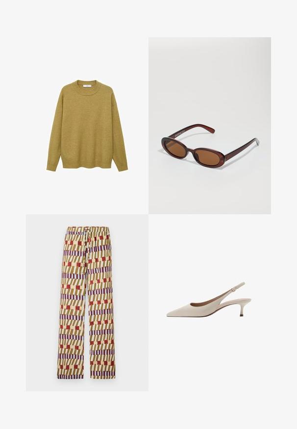 Pullover in Senfgelb, aus weichem Material gefertigt. Verfügt über einen gerippten Rundhalsausschnitt und lange Ärmel mit regulärer Passform und geradem Saum.; Bunte gemusterte Hosen mit einem Kordelzugbund, hergestellt aus leichtem Stoff. Das Design umfasst Streifen in Rot, Blau und Gelb.; Beige Slingback-Absatzschuhe mit spitzer Zehenform und niedrigem, ausgestellten Absatz. Hergestellt aus glattem Leder mit einem minimalistischen Design und verstellbarem Riemen.; Runde, braun getönte Sonnenbrillen mit einem glänzenden burgunderfarbenen Rahmen. Schlanke Bügel mit dezentem Branding. Flaches Linsendesign.; Gelbe, gefaltete Handtasche aus glattem Kunstleder mit weicher Form, einzigem Schulterriemen und gerafftem Oberteil.