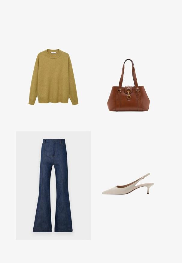 Sweater in mustard yellow, made of soft fabric. Features a ribbed round neckline and long sleeves with a regular fit and a straight hem.; Dark blue denim flared jeans with a high waist, featuring visible stitching and two front pockets. Smooth texture and wide leg opening.; Beige slingback heels with a pointed toe and a low, flared heel. Made from smooth leather with a minimalistic design and adjustable strap.; Brown leather handbag with dual straps, a rounded shape, gold hardware, and a central buckle detail. Smooth texture with stitched accents.; Freshwater pearl necklace with uniform round white pearls, finished with a silver clasp and extender chain for adjustable length.