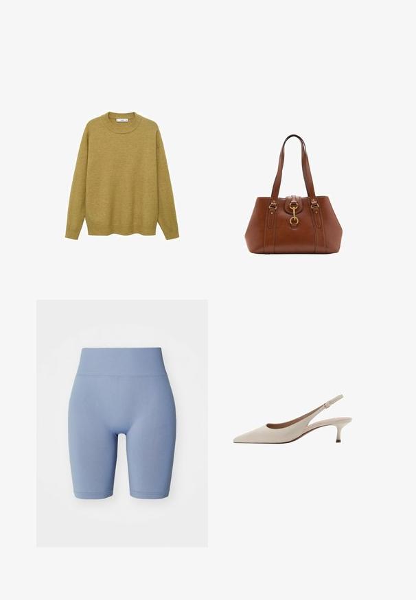 Trui in mosterdgeel, gemaakt van zachte stof. Voorzien van een geribbelde ronde halslijn en lange mouwen met een reguliere pasvorm en een rechte zoom.; Lichtblauwe fietsshorts met een hoge elastische tailleband. Glad oppervlak, aansluitend ontwerp en een lengte tot halverwege de dij. Geen patronen of accenten.; Beige slingback hakken met een puntige neus en een lage, uitlopende hak. Gemaakt van glad leer met een minimalistisch ontwerp en een verstelbare band.; Bruine leren handtas met dubbele banden, een afgeronde vorm, gouden hardware en een centrale sluiting. Gladde textuur met gestikte accenten.