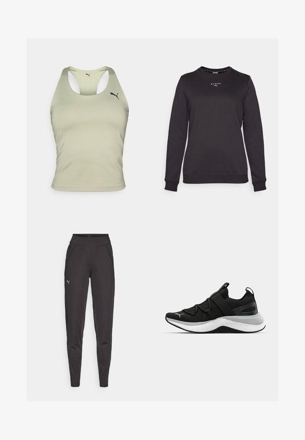 Czarna bluza z długimi rękawami, okrągłym dekoltem i mankietami; na przodzie znajduje się białe logo "HYROX". Wykonana z miękkiego materiału.; Jasnozielony sportowy top na ramiączkach o eleganckim fasonie, z okrągłym dekoltem i stylem racerback. Małe czarne logo z przodu.; Czarne legginsy sportowe wykonane z elastycznego materiału, z wysokim stanem, bocznymi kieszeniami oraz małym odblaskowym logo na lewym udzie.; Czarne sportowe buty z teksturowaną cholewką, elastycznymi paskami i grubą białą podeszwą środkową. Posiadają szary akcent wzdłuż podeszwy.