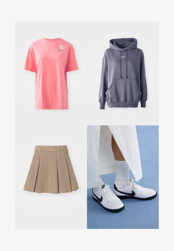 Sweatshirt cinza com um bolso canguru na frente, capuz com cordão e um logo branco no peito. O material parece suave e texturizado. Punhos e bainha canelados.; T-shirt de manga curta, cor-de-rosa coral, feita de algodão, com um decote redondo. Apresenta um pequeno logotipo branco na parte superior esquerda do peito.; Saia plissada bege feita de um tecido texturizado. Apresenta um cós com passantes para cinto e um logo na parte frontal esquerda.; Ténis brancos da Nike com detalhes pretos, apresentando um cabedal em pele lisa, atacadores brancos e solas de borracha resistentes, combinados com meias brancas com textura ribada.