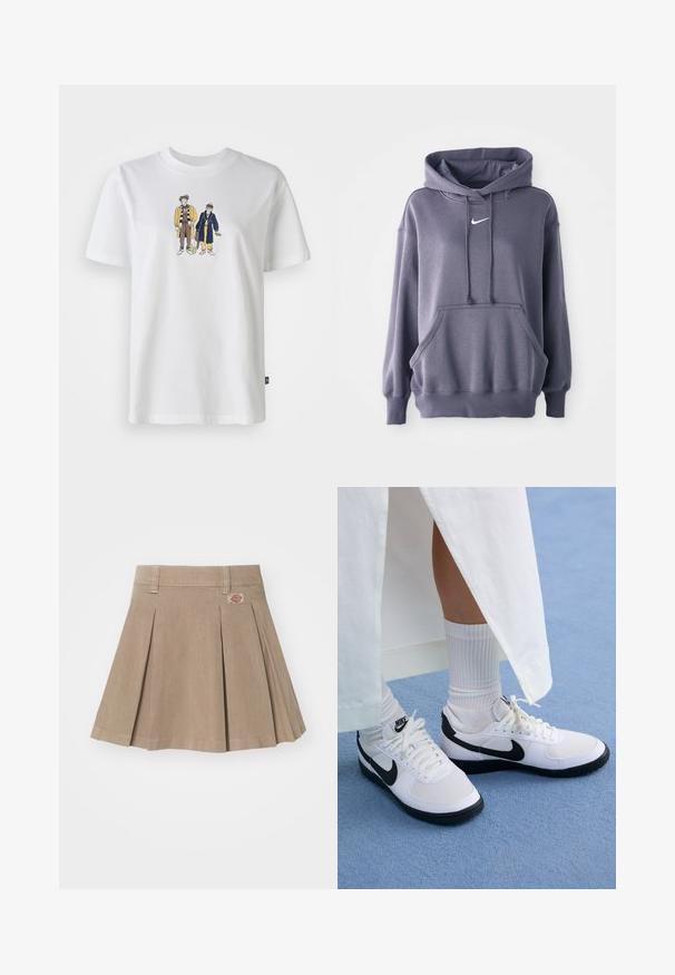 Sweatshirt cinza com um bolso canguru na frente, capuz com cordão e um logo branco no peito. O material parece suave e texturizado. Punhos e bainha canelados.; T-shirt de algodão branco com uma ilustração gráfica de duas figuras de cartoon vestidas com roupas coloridas. Gola redonda e mangas curtas.; Saia plissada bege feita de um tecido texturizado. Apresenta um cós com passantes para cinto e um logo na parte frontal esquerda.; Ténis brancos da Nike com detalhes pretos, apresentando um cabedal em pele lisa, atacadores brancos e solas de borracha resistentes, combinados com meias brancas com textura ribada.