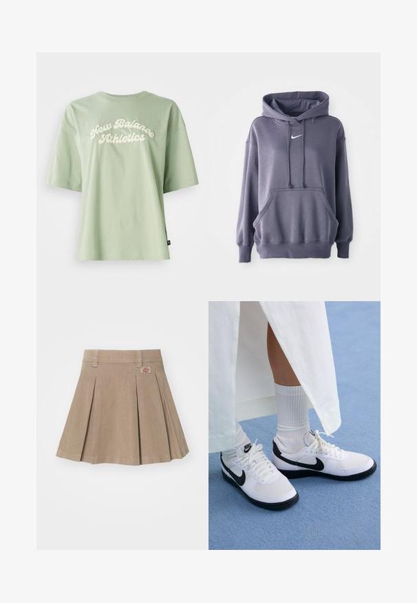 Gray hoodie with a front kangaroo pocket, drawstring hood, and white logo on chest. Material appears soft and textured. Ribbed cuffs and hem.; Green cotton t-shirt featuring a curved, cream-colored "New Balance Athletics" logo on the front, with short sleeves and a relaxed fit.; Beige pleated skirt made from a textured fabric. Features a waistband with belt loops and a logo patch on the front left side.; White Nike sneakers with black accents, featuring a smooth leather upper, white laces, and sturdy rubber outsoles, paired with white ribbed socks.
