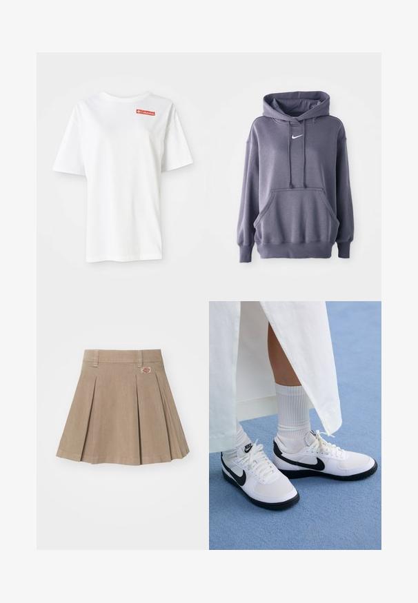 Sweatshirt cinza com um bolso canguru na frente, capuz com cordão e um logo branco no peito. O material parece suave e texturizado. Punhos e bainha canelados.; T-shirt branca de algodão com mangas curtas e decote arredondado, apresentando um pequeno logótipo vermelho da Columbia na área do peito esquerdo.; Saia plissada bege feita de um tecido texturizado. Apresenta um cós com passantes para cinto e um logo na parte frontal esquerda.; Ténis brancos da Nike com detalhes pretos, apresentando um cabedal em pele lisa, atacadores brancos e solas de borracha resistentes, combinados com meias brancas com textura ribada.