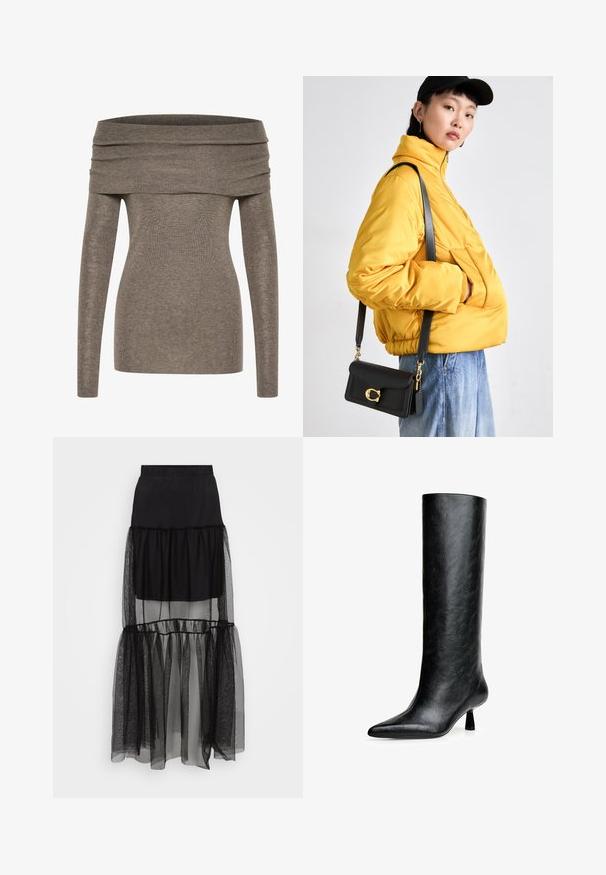 Top bez ramena izrađen od mekog, rebrastog materijala sive-smeđe boje. Dugi rukavi, uski kroj i široki preklopni izrez naglašavaju siluetu.; Crna višeslojna suknja s prozirnim, teksturiranim donjim dijelom, elastičnom talijom i lepršavim dizajnom. Izrađena od laganih materijala.; Crne čizme do koljena od teksturirane kože. Imaju špicasti vrh i mali, rašireni potplat. Elegantnog su, glatkog dizajna s minimalnim naglascima.; Žuta podstavljena jakna s visokim ovratnikom i prednjim džepom, uparena s crnom torbom preko tijela s zlatnim detaljima. Ležerne traperice.