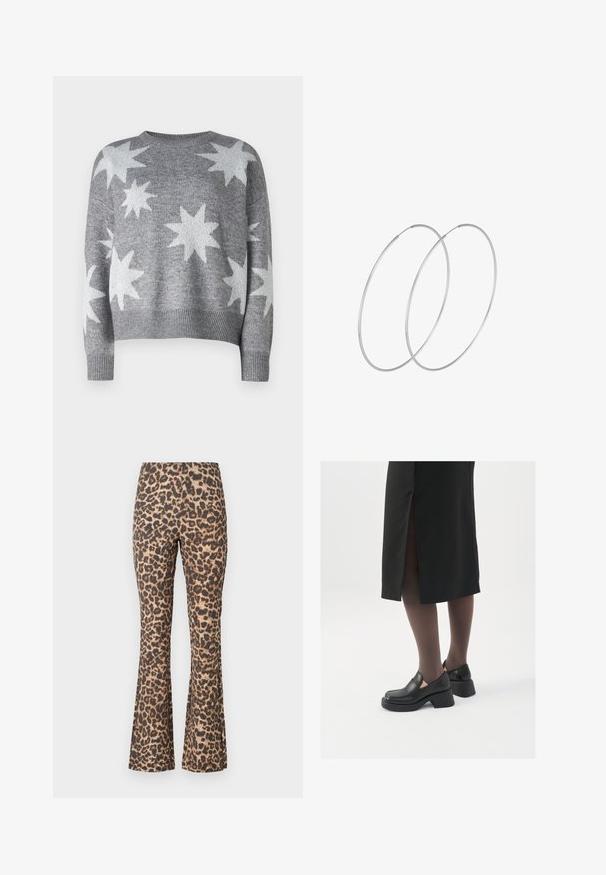 Hallide hallist kudumisehitis, millel on valged tähtede mustrid, ümar kaelus ning soonikvarrukad ja -äär. Lühendatud disain pehme tekstuuriga.; Leopardi mustriga flared püksid pruunis ja beežis. Pehme kangas, millel on veidi tekstureeritud viimistlus. Omab kõrget vöökohta ja sobivat siluetti üle kogu keha.; Mustad mustad jalatsid ümmarguse varbaga, paksu plokkniidi ja elastsete külgdetailidega, kombineeritud tumedate sukkade ja musta lõhikuga seelikuga.; Hõbedased rõngastikkaehingad minimalistlikus disainis. Ümar kuju, sile tekstuur ja õhuke profiil. Kerged ning poleeritud viimistlusega.