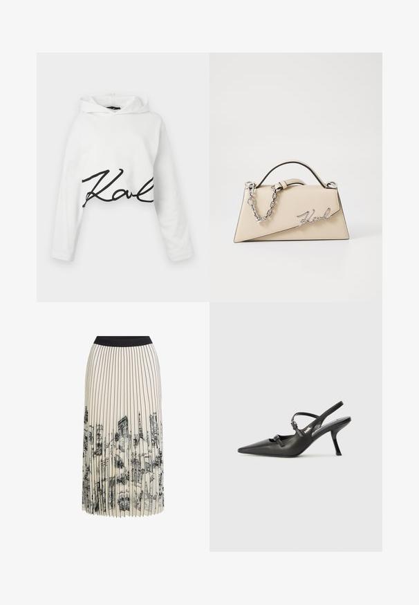 Hvid cropped hoodie i blødt stof med lange ærmer og et sort skriftlogo på forsiden. Glat tekstur med en afslappet pasform.; Plisseret nederdel i creme med en sort talje, der har et detaljeret arkitektonisk skitseringsprint i sort, som fremhæver forskellige bygningers design.; Sorte læder slingback hæle med spids tå, slank hæl og dekorativ spænde detalje på vampen. Glat tekstur og strømlinet design.; Beige læderhåndtaske med en struktureret, trekantet form, der har et sølvfarvet kædehåndtag og et kursivlogo i metal.