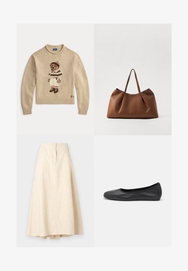Beige knit sweater featuring an embroidered bear wearing a white outfit with brown accents and boots. Ribbed cuffs and hem. "R.L." stitched on side.; Beige linen midi skirt with a flared shape, center seam, and a decorative button at the waistband. Smooth texture and lightweight fabric.; Black leather ballet flat with a rounded toe, smooth texture, minimal stitching detail, and a flexible sole design.; Brown leather tote bag with a soft, curved design, featuring a pleated texture and two sturdy handles. Minimalist stitching accents.