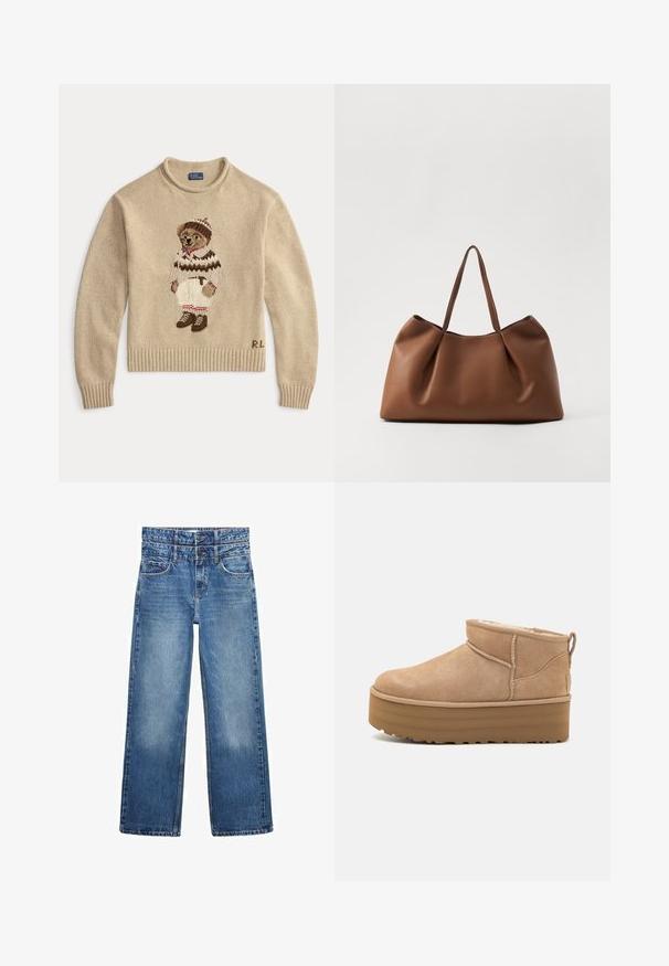 Beige knit sweater featuring an embroidered bear wearing a white outfit with brown accents and boots. Ribbed cuffs and hem. "R.L." stitched on side.; Mango Relaxed fit jeans - dark blue; Beige suede ankle boots with a plush interior, featuring a platform sole and a pull tab at the back for easy wear. Textured rubber outsole.; Brown leather tote bag with a soft, curved design, featuring a pleated texture and two sturdy handles. Minimalist stitching accents.