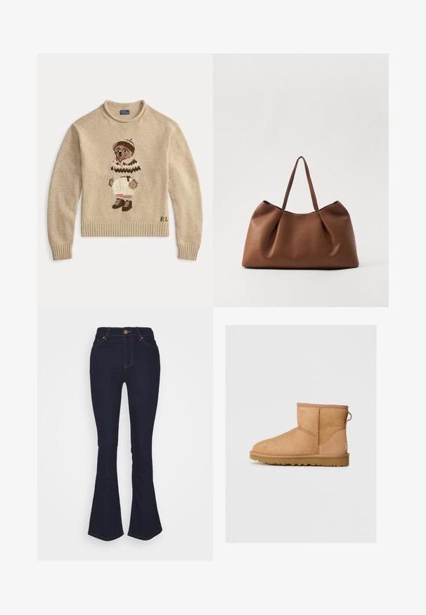 Béžový pletený svetr s vyšitým medvědem v bílém oblečení s hnědými doplňky a botami. Hladké manžety a lem. Na boku vyšité "R.L.".; Marks & Spencer Eva - Džíny Bootcut - blue denim; Světlé semišové kotníkové boty s kulatou špičkou, prošívanými detaily, poutkem vzadu a texturovanou gumovou podrážkou. Navrženo pro pohodlí a teplo.; Hnědá kožená taška přes rameno s měkkým, zakřiveným tvarem, vyznačující se plisovanou texturou a dvěma pevnými uchy. Minimalistické švy jako akcenty.