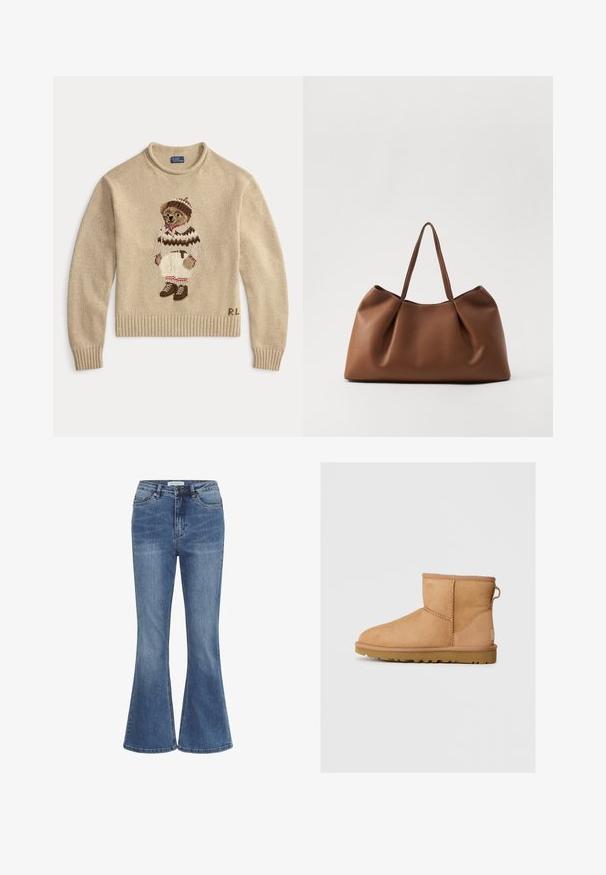 Beżowy sweter dziany z haftowanym niedźwiedziem ubranym w białą odzież z brązowymi akcentami i butami. Rybaczki i dół z prążkowanym wykończeniem. Naszywka "R.L." na boku.; Niebieskie dżinsy o wysokim stanie, z zamknięciem na guziki i zamek z przodu oraz lekko rozszerzanymi nogawkami.; Beżowe zamszowe botki za kostkę z okrągłym noskiem, przeszyciami, z pętelką z tyłu i teksturowaną gumową podeszwą. Zaprojektowane z myślą o komforcie i ciepłocie.; Brązowa skórzana torba tote o miękkim, zaokrąglonym kształcie, z plisowaną strukturą i dwoma solidnymi uchwytami. Minimalistyczne akcenty w postaci szwów.