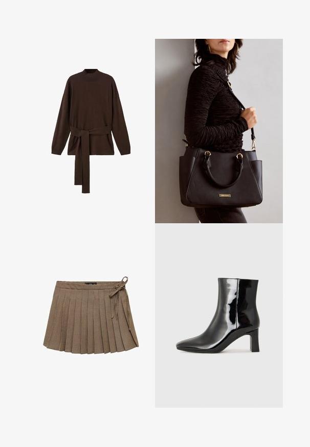 Hnedý pletený sveter s vysokým výstrihom, dlhými rukávmi a zodpovedajúcim opaskom. Mäkká textúra a uvoľnený strih.; Hnedá kockovaná plisovaná sukňa s elastickým pásom a bočnými viazaniami. Má vzorovanú textúru a krátku dĺžku.; Čierne lakované členkové topánky s špicatou špičkou a stredne vysokým blokovým podpätkom. Hladká textúra a minimalistický dizajn.; Čierna kabelka s textúrovaným povrchom, dvojitými hornými rúčkami a nastaviteľným ramenným popruhom. Obsahuje zlaté kovanie a bočné vrecká.