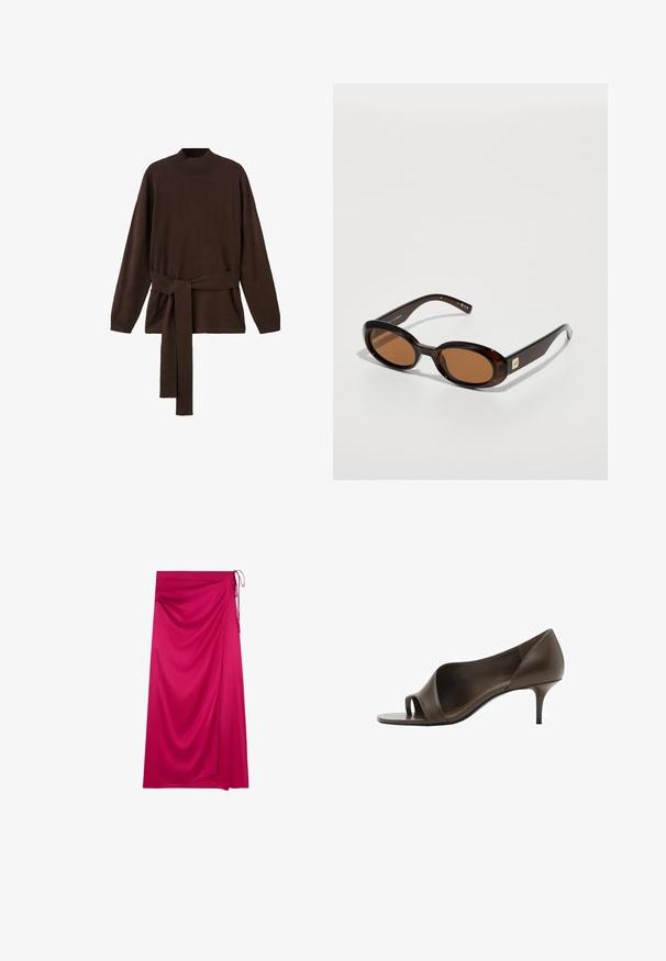 Ruskea neulepaita, jossa on korkea kaula-aukko, pitkät hihat ja yhteensopiva vyö. Pehmeä rakenne ja rento malli.; Fuksia wrap-hame, joka on valmistettu sileästä kankaasta, jossa on epäsymmetrinen muotoilu roikkuvilla kohtilla ja solmittava suljenta vasemmalla puolella.; Ruskea nahkainen avotossu korkealla korolla, jossa on sileä pinta ja (kapea) stiletto-korko. Sisältää leikkaussuunnittelun ja minimalistisen muodon.; Ruskeahäntäiset aurinkolasit ovaaleilla linsseillä, joissa on ohut kehys ja pieni metallinen koristus sivulla. Rakenteeltaan karhea ja kiillotettu pinta.; Ruskea kudottu ämpärilaukku, jossa on sileä nahkapohja, ylhäällä oleva kahva ja säädettävä olkahihna. Varustettu kultaisilla metalliosilla.