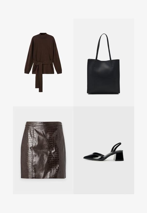 Bruine gebreide trui met hoge halslijn, lange mouwen en een bijpassende tailleband. Zachte textuur en een ontspannen pasvorm.; Donkerbruin nepleer minirok met krokodillenmotief, voorzien van paneelstiksel en een rechte zoom.; Zwarte gepatineerde leren slingback hakken met een spitse neus en een geometrische blokhak. Kenmerkt zich door een slank, minimalistisch ontwerp en een gladde textuur.; Zwarte leren handtas met een gladde textuur, rechthoekige vorm en twee lange handvaten. Geen zichtbare hardware of versieringen.