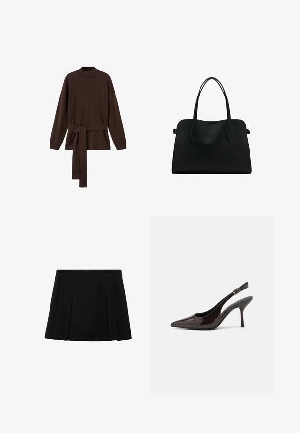 Bruine gebreide trui met hoge halslijn, lange mouwen en een bijpassende tailleband. Zachte textuur en een ontspannen pasvorm.; Zwarte geplooide mini-rok van een gladde, gestructureerde stof met een discreet opening met rits aan de zijkant. Heeft gelijkmatig verdeelde verticale plooien.; Slingback hoge hak schoen in glanzend donkerbruin patentleer, puntige neus, open zijkanten en verstelbare enkelband.; Zwarte leren handtas met dubbele schouderriemen, rechthoekige vorm en minimalistisch ontwerp op een witte achtergrond.