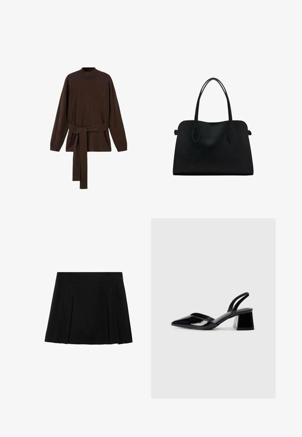 Hnedý pletený sveter s vysokým výstrihom, dlhými rukávmi a zodpovedajúcim opaskom. Mäkká textúra a uvoľnený strih.; Čierna skladaná mini sukňa s hladkou, textúrovanou tkaninou a diskrétnym bočným zipsom. Obsahuje rovnomerne rozmiestnené vertikálne skladania.; Čierne lakované kožené sandálové podpätky s špicatou špičkou a geometrickým blokovým podpätkom. Disponujú elegantným, minimalistickým dizajnom a hladkým povrchom.; Čierna kožená kabelka s dvojitými popruhmi na rameno, obdĺžnikový tvar a minimalistický dizajn na bielom pozadí.
