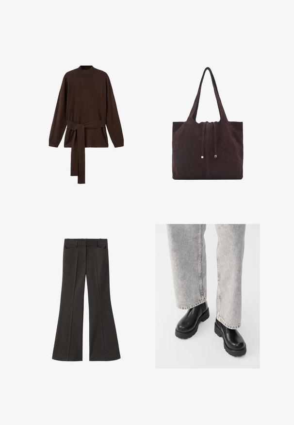Pulover tricotat maro cu guler înalt, mâneci lungi și o curea asortată la talie. Textură moale și croi lejer.; Pantaloni evazați negri, cu talie înaltă; au două buzunare frontale și o textură de stofă netedă. Potriviți pentru diverse ocazii.; Vagabond COSMO - Botine cu platformă - black; Mango Geantă de pânză - dark brown