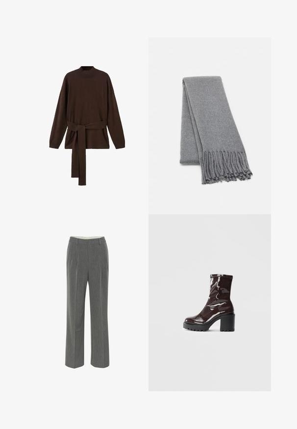 Brun strikket sweater med høj hals, lange ærmer og en matchende taljebind. Blød tekstur og afslappet pasform.; Grå stribede bukser med skræddersyet pasform, flad forside og bred ben-design. Lavet af et glat, let stof.; Glatte burgunder ankelstøvler med en chunky sort hæl, der har en glat tekstur og et simpelt design. Ingen synlige lukninger eller mønstre.; Grå uldlue med en blød tekstur, med frynser i kanterne og et simpelt design. Foldet pænt, der viser dens aflange form.