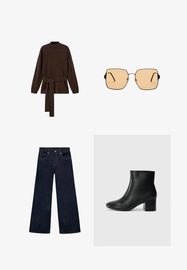 Maglione marrone a maglia con colletto alto, maniche lunghe e una cintura in abbinamento. Texture morbida e vestibilità rilassata.; Jeans wide-leg in denim blu scuro con vita alta, dotati di cinque tasche, chiusura con bottone in metallo e dettagli di cucitura in vista.; Stivali neri in pelle fino alla caviglia con punta appuntita e tacco spesso. Texture liscia con minimi dettagli e un design elegante e aderente.; Occhiali da sole quadrati con lenti marroni e una sottile montatura in metallo nero. Presentano tempie angolari e naselli regolabili per il massimo comfort.; Borsa tote in pelle nera con texture liscia, forma strutturata, due manici e un evidente dettaglio in fibbia argentata sul davanti.