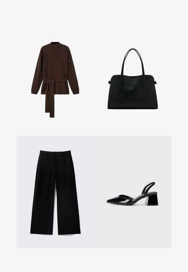 Brun stickad tröja med hög krage, långa ärmar och matchande midjesnodd. Mjuk textur och avslappnad passform.; Svarta vida byxor i ett mjukt tyg, med slät framkant, hällor för bälte, och utan synliga mönster eller detaljer i metall.; Svarta lackläder slingback klackar med spetsig tå och geometrisk klack. Har en elegant, minimalistisk design och slät yta.; Svart läderhandväska med dubbla axelremmar, rektangulär form och minimalistisk design på vit bakgrund.