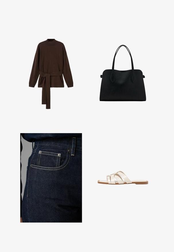 Hnědý pletený svetr s vysokým výstřihem, dlouhými rukávy a odpovídajícím páskem v pase. Měkká textura a volný střih.; Tmavě modré džíny s klasickým pětipocketovým designem, kontrastním prošíváním a kovovými nýty. Textura se zdá hladká s mírným leskem.; Ploché sandály s hnědou gumovou podrážkou, navržené se třemi překrývajícími se bílými koženými řemínky a malým mašlí uprostřed.; Černá kožená kabelka s dvojitými ramenními popruhy, obdélníkový tvar a minimalistický design na bílém pozadí.