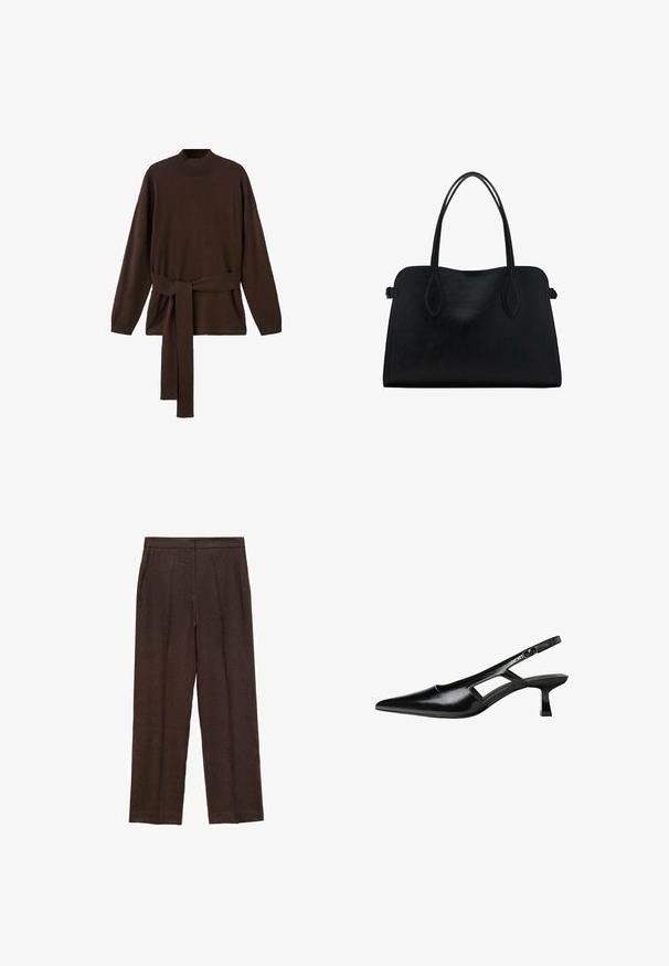 Brązowy dzianinowy sweter z wysokim dekoltem, długimi rękawami i dopasowanym paskiem w talii. Miękka tekstura i luźny krój.; Brązowe lniane spodnie w prostym kroju, z płaskim przodem, kieszeniami bocznymi i gładką fakturą.; Czarne lakierowane czółenka na odkrytej pięcie z wąskim noskiem, z wykrojem po bokach i małym kwadratowym obcasem. Gładka faktura z minimalnymi akcentami.; Czarna skórzana torba na ramię z podwójnymi paskami, prostokątny kształt i minimalistyczny design na białym tle.