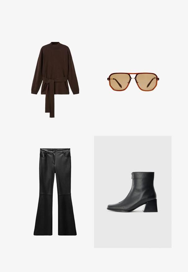 Hnědý pletený svetr s vysokým výstřihem, dlouhými rukávy a odpovídajícím páskem v pase. Měkká textura a volný střih.; Černé kalhoty z umělé kůže se splývavým střihem, hladkou texturou, vysokým pasem, předními kapsami a zipem. Disponují švy na nohavicích.; Černá kožená kotníková bota se čtveratým špičkou, bočním zipem a blokovým podpatkem na jednobarevném světlem pozadí.; Hnědé osmiúhelníkové sluneční brýle s průhledným jantarem rámem a hnědými skly. Mají kovový akcent na můstku a štíhlé nožičky.; Hnědá kožená kabelka s hladkým povrchem, s zakřiveným siluetou a kovovým logem. Popruh má ozdobné hřebíky podél švu.