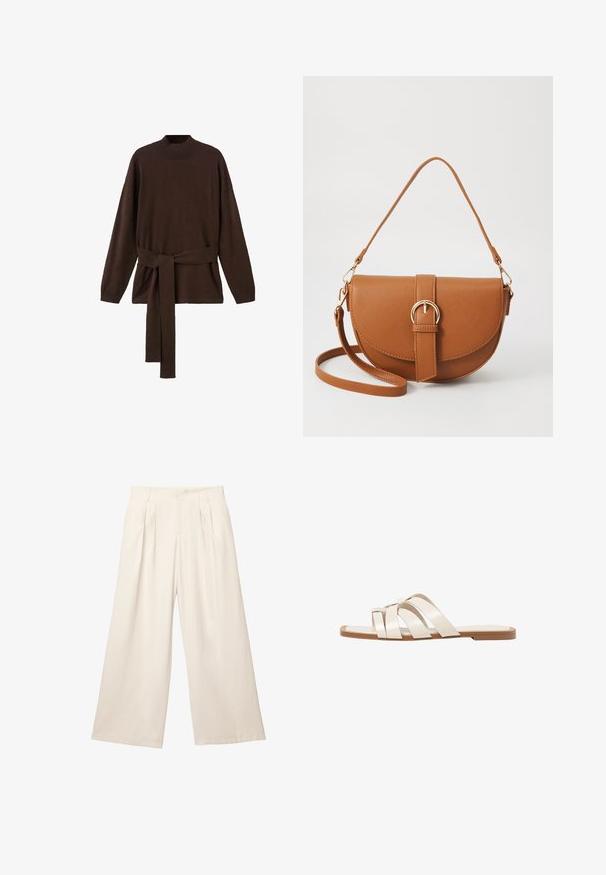 Brauner Strickpullover mit hochgeschlossenem Kragen, langen Ärmeln und passendem Taillengürtel. Weiche Textur und entspannte Passform.; Weite Hosen in einem hellbeigen Farbton aus einem weichen, strukturierten Stoff. Mit vorderen Falten und einem elastischen Bund für einen entspannten Sitz.; Flache Sandalen mit einer honigfarbenen Gummisohle, gestaltet mit drei überlappenden weißen Lederriemen und einem kleinen Schleifendetail in der Mitte.; Braune Leder-Crossbody-Tasche mit geschwungener Form, goldfarbenen Beschlägen und einer Schnallenakzentuierung. Verfügt über einen abnehmbaren Schultergurt.