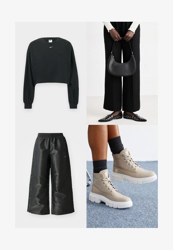 Musta lyhennetty collegepaita, valmistettu puuvillasekoitteesta, jossa on pitkät hihat, resoriset hihansuut ja pieni valkoinen Nike-logo rinnassa.; Mustat urheiluhaut, joissa on kiiltävä ja sileä kangas, elastinen vyötärö, leveät lahkeet ja pieni logo vasemmalla puolella.; Beige nilkkurit, jotka on valmistettu tekstiilistä, valkoisella paksulla pohjalla, pyöreällä kärjellä ja metallisilla nauha-aukkoilla. Suunniteltu logotiedolla sivussa.; Mustapohjainen nahkalaukku, jolla on pyöreä muoto, kiiltävä pinta ja hopeiset varusteet. Henkilöllä on päällään mustat leveälahkeiset housut ja niittilapaset.