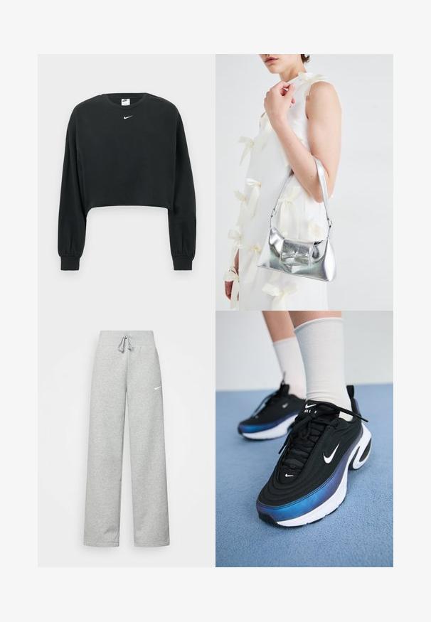 Fekete, rövidített fazonú pulóver pamut keverék anyagból, hosszú ujjakkal, bordázott mandzsettákkal és egy kicsi fehér Nike logóval a mellkason.; Szürke melegítőnadrág, elasztikus derékkal, zsinóros részletekkel és egy kis fehér Nike logóval a bal combon. Puha anyag, laza fazon.; Fekete Nike sportcipők sima szövet felsőrésszel, kék-fekete gradiens dizájnnal, fehér talppal és feltűnő logókkal.; Ezüst fémes kézitáska, struktúrált formával, felső fogantyúval és masnis részlettel az elején. Simaságával és fényes felületével tűnik ki.