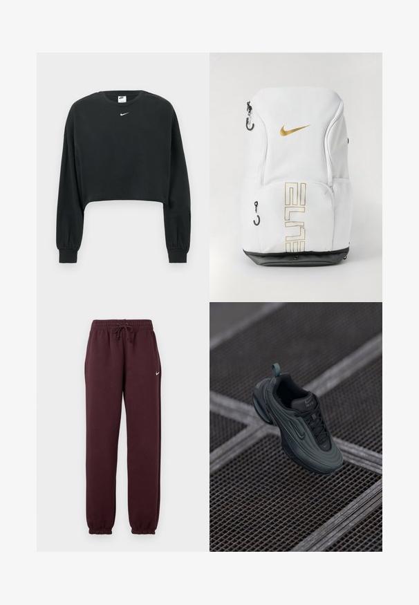 Sweatshirt preta cropped em mistura de algodão, com mangas compridas, punhos canelados e um pequeno logo Nike branco no peito.; Calças jogger em borgonha com cintura elástica e cordão ajustável. Apresenta punhos canelados e um pequeno logótipo branco do lado esquerdo.; Shoe Nike Air em verde escuro e preto flutuando acima de um chão em grade metálica, destacando os detalhes de design laterais e superiores.; Mochila Nike em branco com logótipo dourado e texto "ELITE", fechos com zip e bolsos laterais em rede, e base inferior preta. Textura suave.