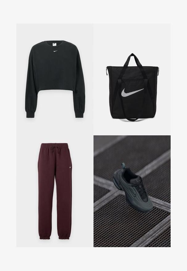 Sweatshirt preta cropped em mistura de algodão, com mangas compridas, punhos canelados e um pequeno logo Nike branco no peito.; Calças jogger em borgonha com cintura elástica e cordão ajustável. Apresenta punhos canelados e um pequeno logótipo branco do lado esquerdo.; Shoe Nike Air em verde escuro e preto flutuando acima de um chão em grade metálica, destacando os detalhes de design laterais e superiores.; Saco tote preto em nylon com duas alças resistentes e fecho com zíper. Apresenta um destacado logo branco da Nike em um design de listras horizontais.