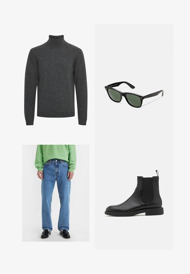 Tumma harmaa pusero, jossa on korkeakaulus ja pehmeä neulosmateriaali; varustettu pitkillä hihoilla ja ribatulla kauluksella, jonka pinta on sileä.; Vaaleansiniset suoralahkeiset farkut, joissa on klassinen viiden-taskun muotoilu, kestävä farkkukangas ja kontrastiväriset tikkaukset.; Mustat nahkasaappaat nilkkamittaisina, joissa on sileä pinta, joustavat sivupaneelit ja vetotappi. Pyöreä varvastila ja litteat kumipohjat, joissa on minimaalinen pito.; Mustat muoviset aurinkolasit, joissa on vihreät linssit, neliönmuotoiset kehykset, hopeinen yksityiskohta kulmakarvojen kohdalla sekä tekstuuriset temppeleiden varret. Brändi ilmoitettu sisävarsissa.