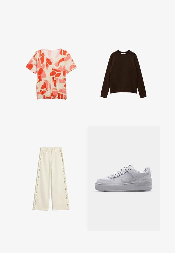 Pull en maille marron avec un col rond et des manches longues. Texture douce, coupe légèrement oversize, et bords côtelés aux poignets et à l'ourlet. Design minimaliste.; Blouse beige à manches courtes avec des formes abstraites rouges et roses et trois petits boutons au niveau de l'encolure ronde.; Jeans larges en crème clair avec des accents de clous métalliques le long des coutures extérieures, cinq poches et une fermeture à bouton standard.; Basket en cuir lisse gris Nike Air Force 1 avec un bout perforé, une semelle épaisse et un détail 'AIR' en relief sur le talon.