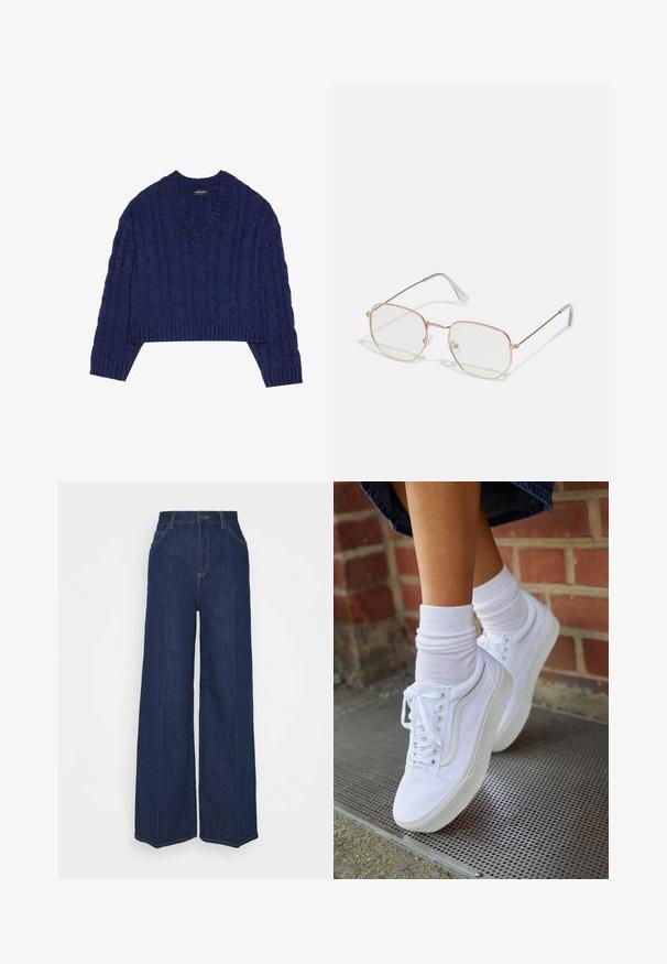 Navy blue cropped sweater with a V-neck, featuring a textured cable knit pattern and ribbed cuffs and hem. Made from knitted fabric.; High-waist wide-leg dark blue denim jeans with front and back pockets, button closure, and visible stitching details.; White canvas sneakers with rubber soles, featuring six eyelets, round toe, and light stitching details, paired with white ankle socks.; Rectangular eyeglasses with a thin, rose gold metal frame. Clear lenses, transparent temple tips, and delicate detailing around the lenses.