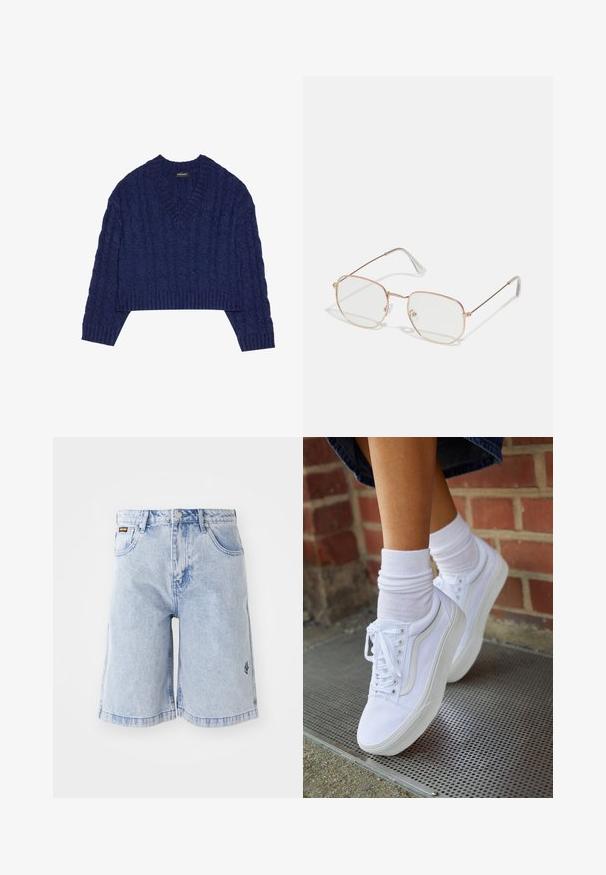 Marineblauwe cropped sweater met een V-hals, voorzien van een textuur van kabelbreiwerk en ribgebreide manchetten en zoom. Gemaakt van gebreide stof.; Lichtblauwe denimshorts met een hoge taille, losse pasvorm en voorzakken. Decoratieve stiksels en merklogo geborduurd aan de zijkant.; Witte canvas sneakers met rubberen zolen, voorzien van zes vetertjes, een ronde neus en lichte stikdetails, gecombineerd met witte enkelsokken.; Rechthoekige bril met een dunne roségouden metalen montuur. Duidelijke glazen, transparante oortips en subtiele details rondom de glazen.