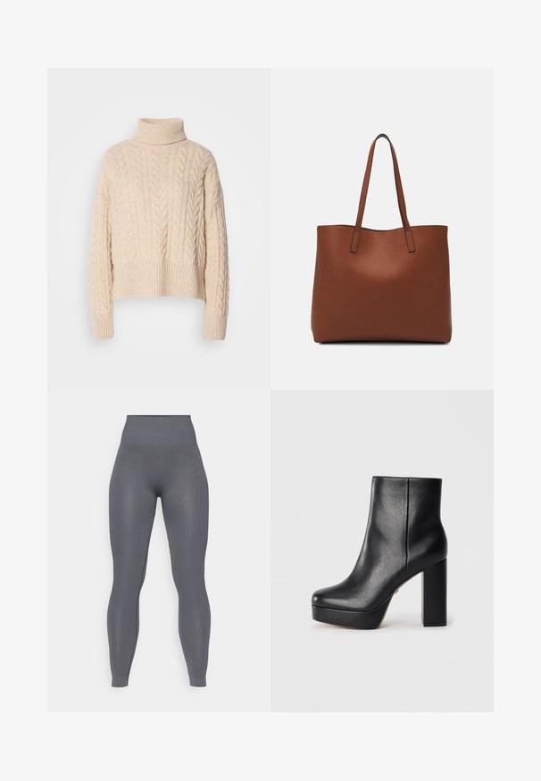 Koonlõngast, kreemivärviline kõrge kaelusega sviiter, millel on soonikkoes varrukate ja allääre ääred. Pakse lõngaga tekstuur, lühendatud disain ja lõdva lõikega.; Hallid ribatud retuusid kõrge vöökohtaga, vormitud lõikega ja tekstuurse kangaga. Nähtavaid mustreid ega metalldetailide ei ole.; Must musta platvormiga pahkluudega saapad nelinurkse varbaga ja paksu kõrge plokknina, kujutatud küljelt valge tausta ees.; Pruun nahast tote-kott, millel on sile tekstuur, avatud ülaosa disain ja kaks õlarihma. Omab minimaalset õmblust ja nähtavat riistvara ei ole.