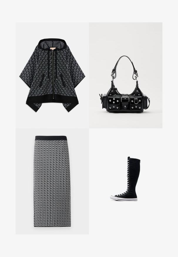 Schwarzer Kapuzenponcho mit einem strukturierten grauen Muster, das ein wiederkehrendes Logo zeigt. Zwei Reißverschlusstaschen und ein Reißverschluss vorne. Weicher Stoff.; Schwarzes kurzes Tanktop mit einem wiederholten weißen MK-Logo-Muster, Rundhalsausschnitt und breiten Schulterträgern. Glatte Textur.; Knielanger Rock aus dehnbarem Strickstoff mit einem Schwarz-Weiß-Pfeilmuster und einem schwarzen elastischen Taillenbund.; Schwarze High-Top-Sneaker mit hohem Design, aus Canvas. Sie verfügen über weiße Schnürsenkel, Nähte und eine Gummisohle mit einer Zehenkappe.; Schwarze Lederhandtasche mit einem geschwungenen Design, verziert mit silbernen Nieten, einer Schnalle und zwei seitlichen Taschen. Verstellbarer Träger für verschiedene Tragemöglichkeiten.