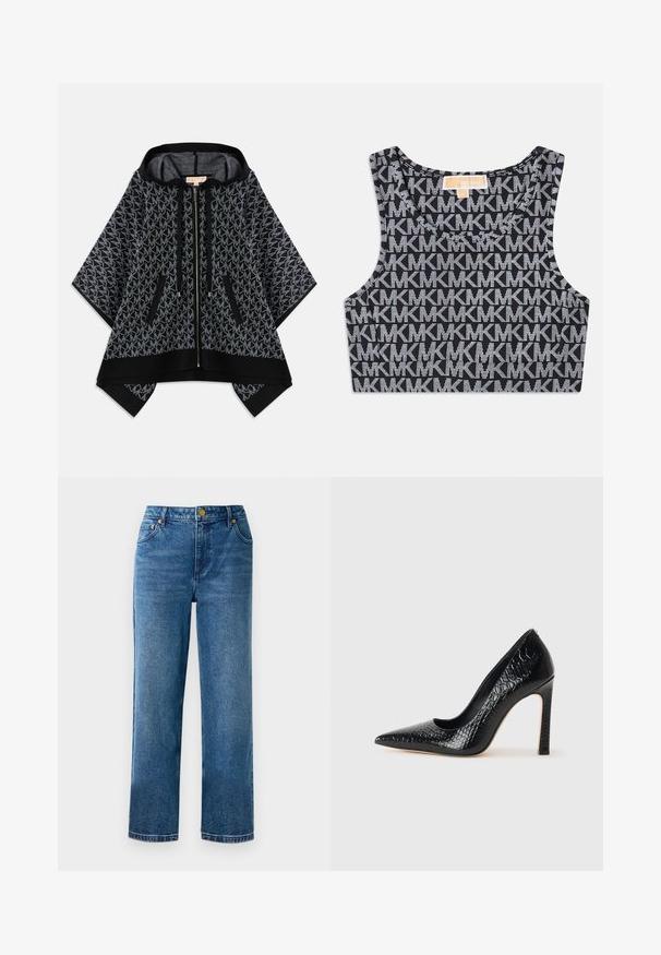 Must kollane kapuutsiga ponšo, millel on tekstureeritud hall muster ja korduv logo. Kaks lukuga taskut ja ees lukuga kinnitamine. Pehme kangas.; Mustikas värvi lühike tank top, millel on korduv valge MK logo muster, ümmargune kaelus ja laiad õlapaelad. Sile tekstuur.; Sinine kõrge vöökohaga teksapüksid sirge lõikega, valmistatud denimist, viie taskuga ja kuldsetes toonides detailidega.; Mustan teravaotsaga kõrge kontsaga king, millel on krokodillimustriga tekstuur, stiilne disain, kõrge stilettokonts ja sile must sisesisustus.