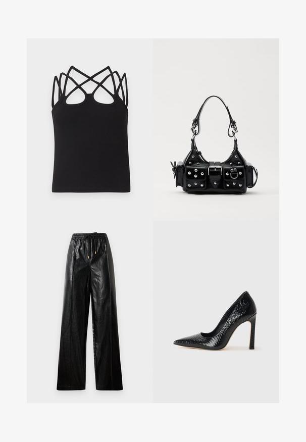 Schwarzer Kapuzenponcho mit einem strukturierten grauen Muster, das ein wiederkehrendes Logo zeigt. Zwei Reißverschlusstaschen und ein Reißverschluss vorne. Weicher Stoff.; Schwarzes, geripptes Tanktop mit figurbetontem Schnitt, mehreren überkreuzten Trägern und offenem Rückendetail. Glatte Textur mit rundem Ausschnitt.; Schwarze Leder-Hosen mit weitem Beinschnitt, elastischem Taillenbund, Kordelzug und goldenen Hardware-Akzenten. Glatte Textur und lockerer Schnitt.; Schwarzer, spitz zulaufender High Heel mit Krokodilleder-Struktur, elegantem Design, hohem Stiletto-Absatz und glattem schwarzen Innenraum.; Schwarze Lederhandtasche mit einem geschwungenen Design, verziert mit silbernen Nieten, einer Schnalle und zwei seitlichen Taschen. Verstellbarer Träger für verschiedene Tragemöglichkeiten.