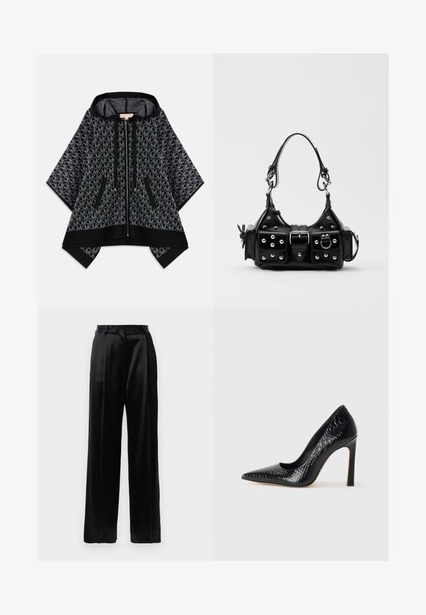 Black hooded poncho with a textured gray pattern featuring a repeating logo. Two zippered pockets and a front zipper closure. Soft fabric.; Black high-waist satin trousers with straight wide legs, belt loops, and a flat front closure against a plain white background.; Black pointed-toe high heel shoe with a crocodile-skin texture, featuring a sleek design, high stiletto heel, and smooth black interior.; Black leather handbag with a curved design, featuring silver studs, a buckle, and two side pockets. Adjustable strap for carrying options.