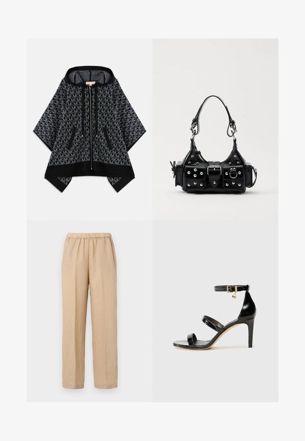 Black hooded poncho with a textured gray pattern featuring a repeating logo. Two zippered pockets and a front zipper closure. Soft fabric.; ASPESI PANTALONE - Trousers - sabbia/sand; Black patent leather sandal with three straps, ankle buckle, and 4-inch stiletto heel. Features gold hardware detail and logo charm.; Black leather handbag with a curved design, featuring silver studs, a buckle, and two side pockets. Adjustable strap for carrying options.